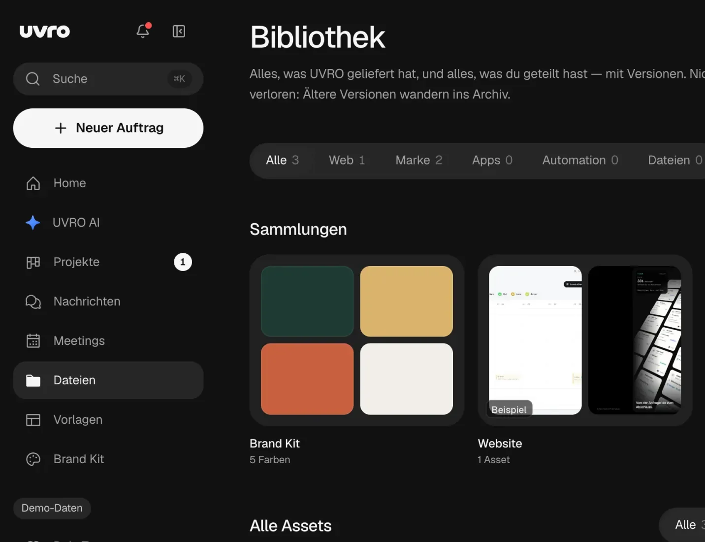 UVRO-Portal, Bibliothek im Demo-Workspace: Sammlungen und versionierte Assets, jeweils als Beispiel markiert (Beispieldaten)