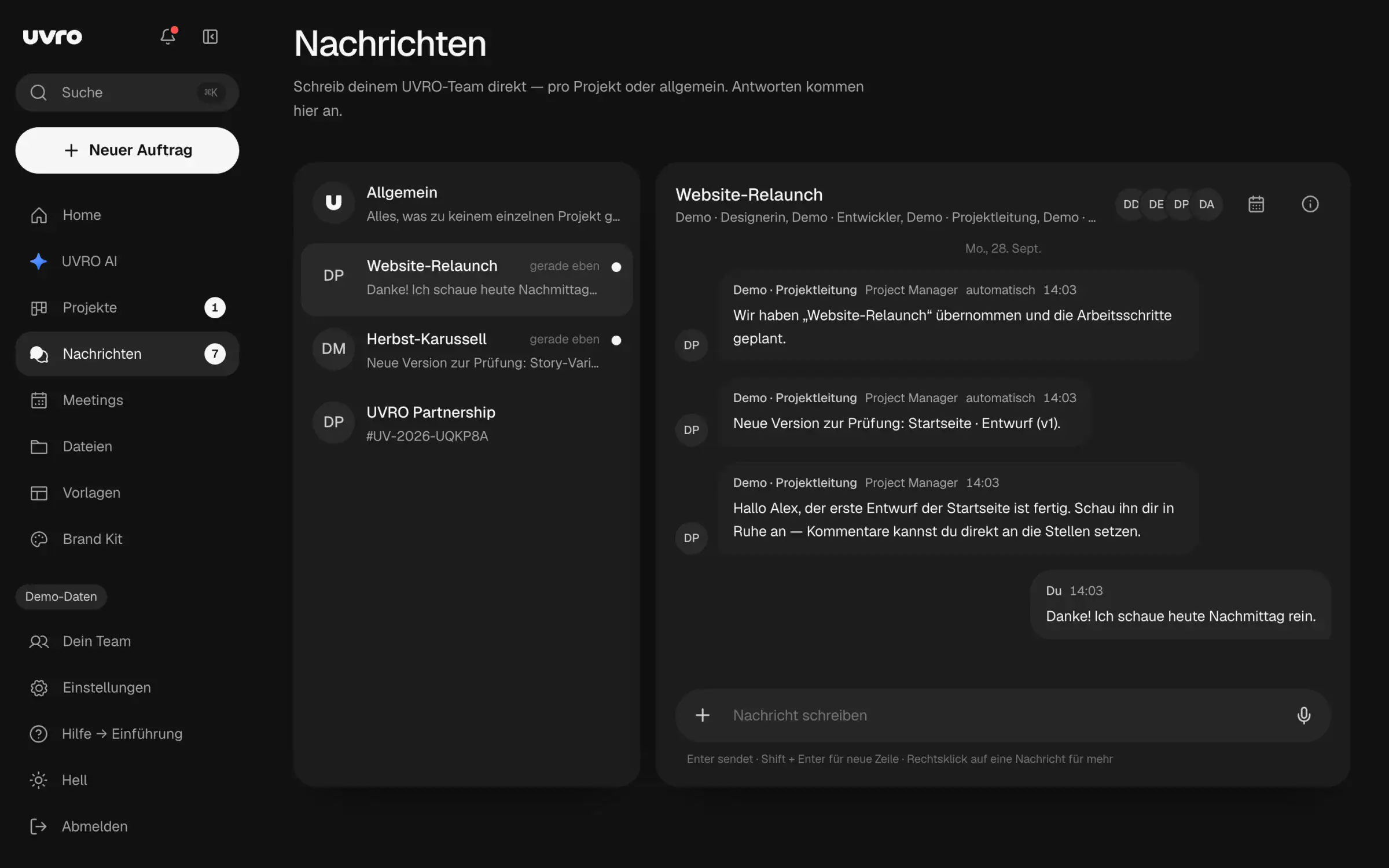 UVRO-Portal, Nachrichten im Demo-Workspace: ein Verlauf pro Projekt mit dem UVRO-Team (Beispieldaten)