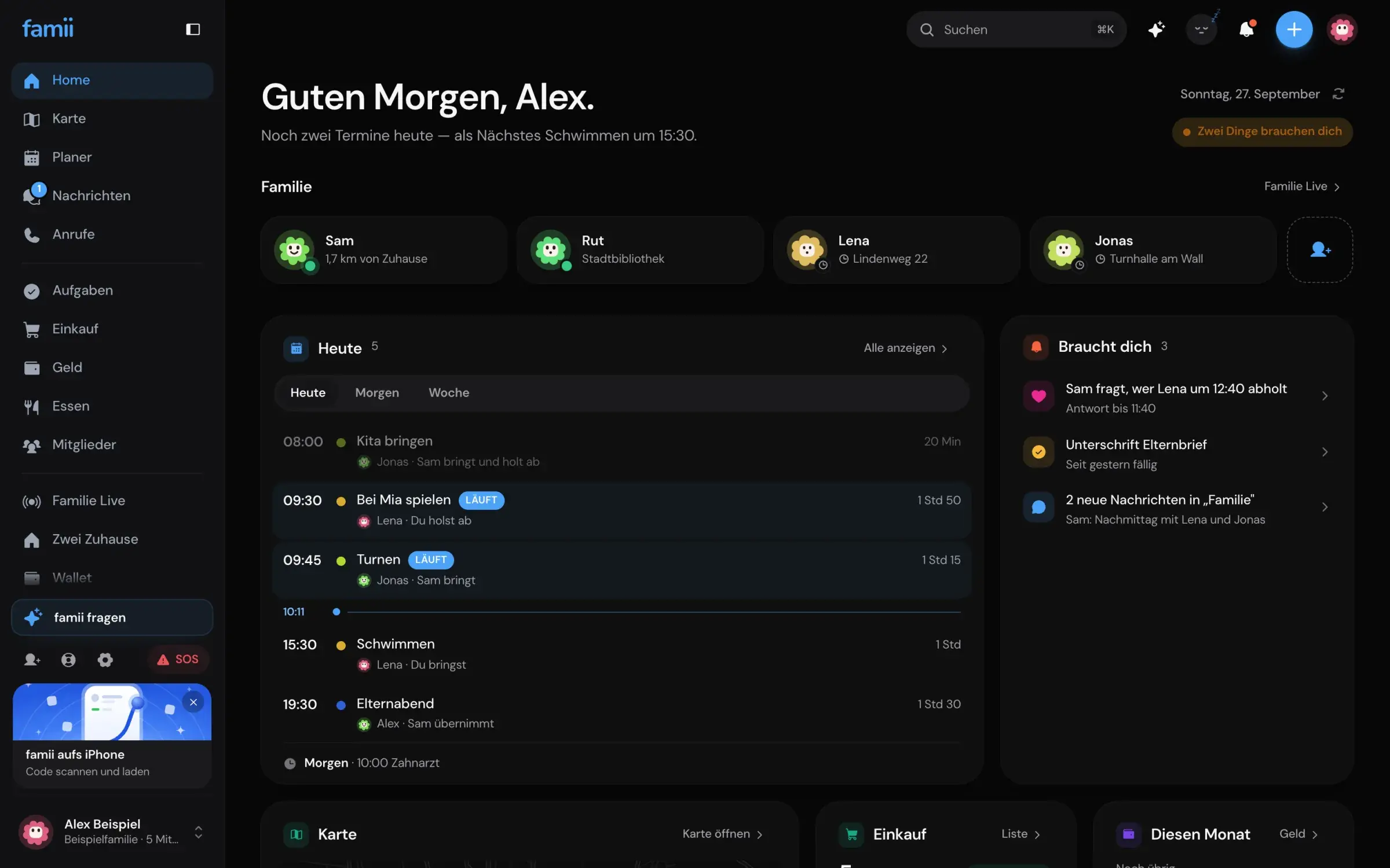 famii Desktop-Home im Dark Mode
