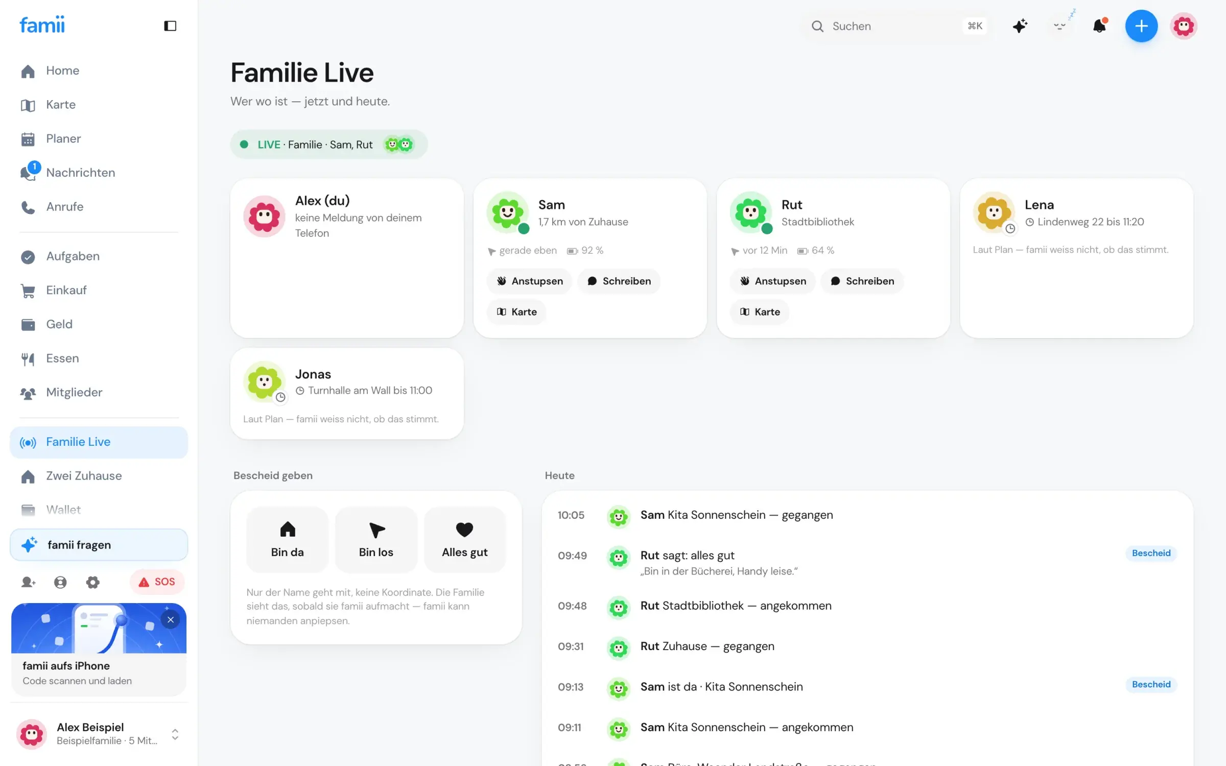 famii Familie Live: wer wo ist — bewusst geteilt