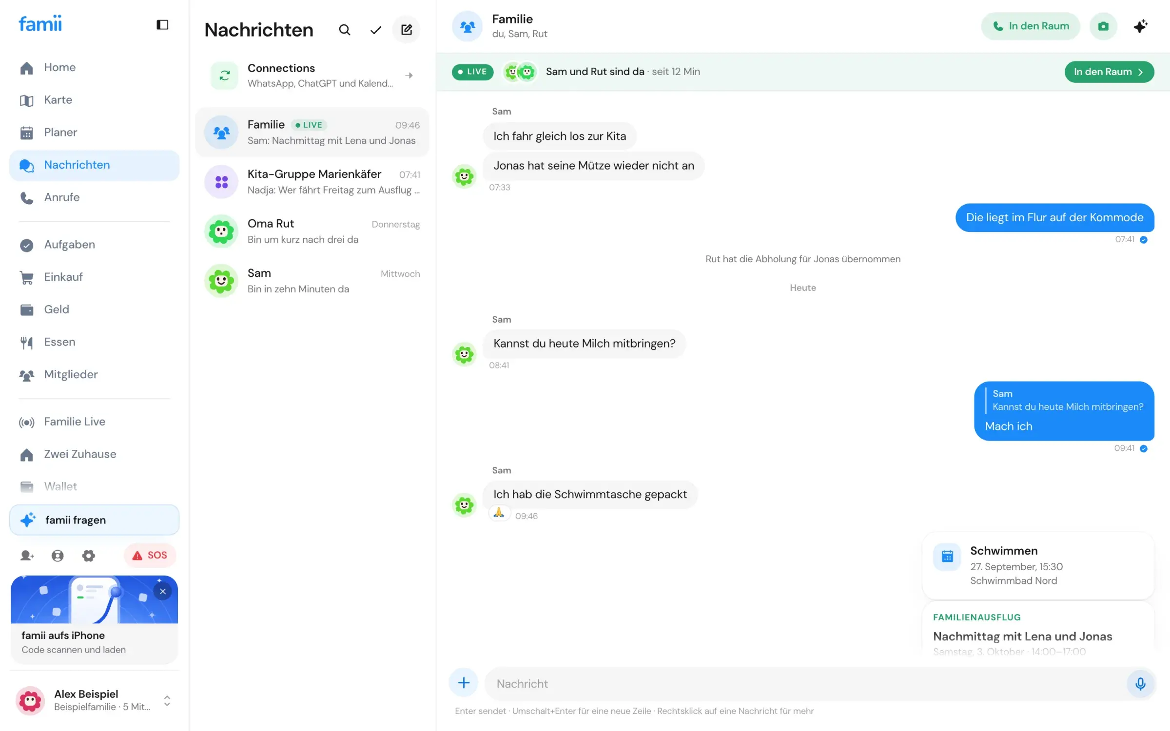 famii Nachrichten: Familienchat mit eingebetteten Plänen