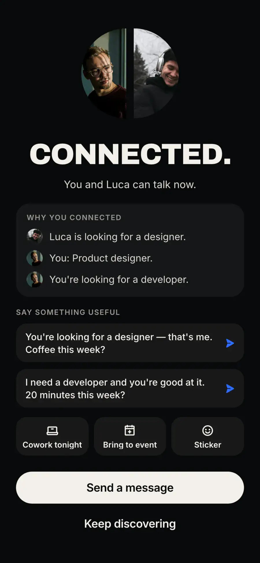 FOUND „Connected.“-Screen mit Why you connected (Demo-Profile)