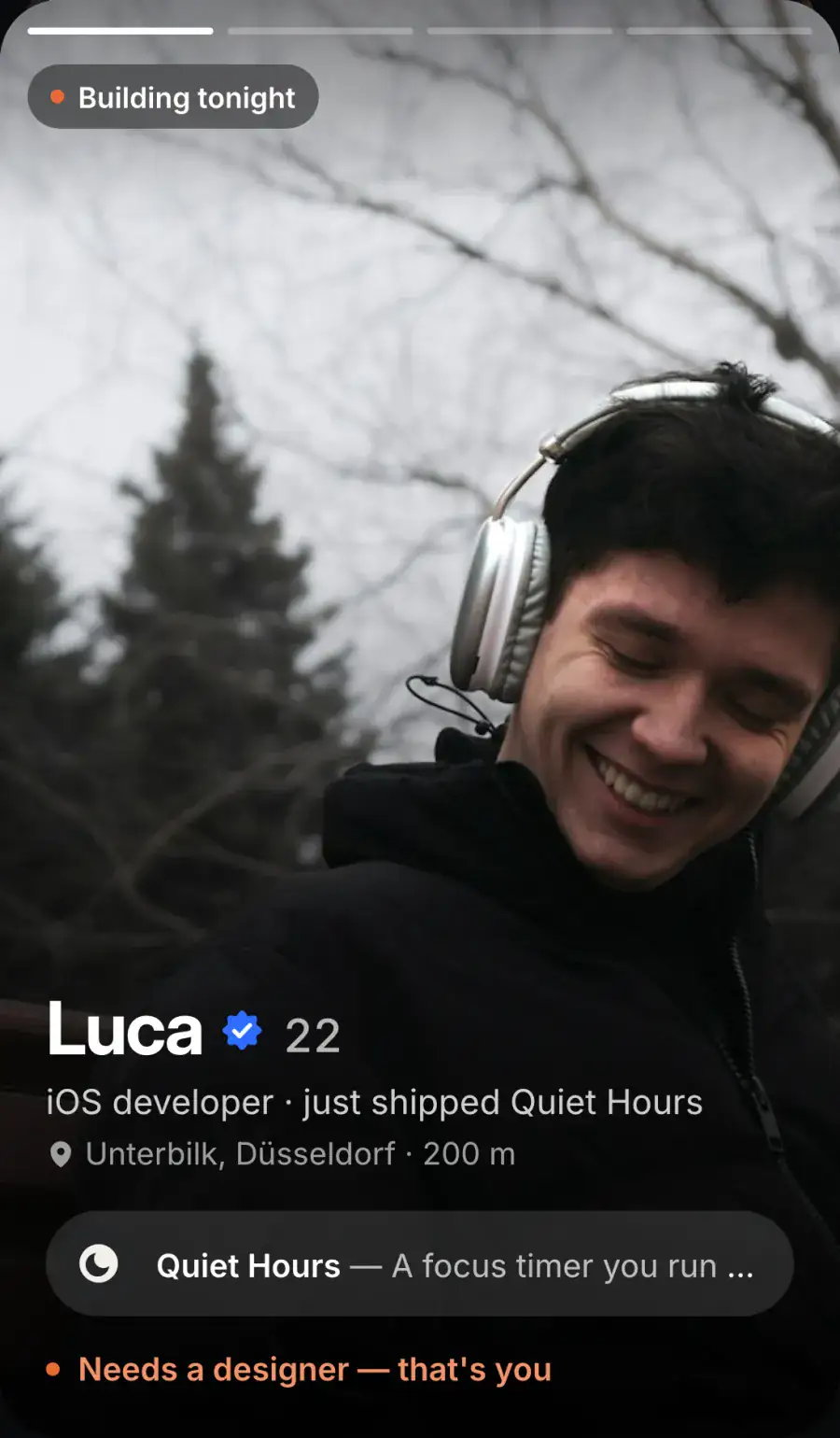 FOUND Discover-Karte: Luca, iOS-Entwickler, „Needs a designer — that’s you“ (Demo-Profil)