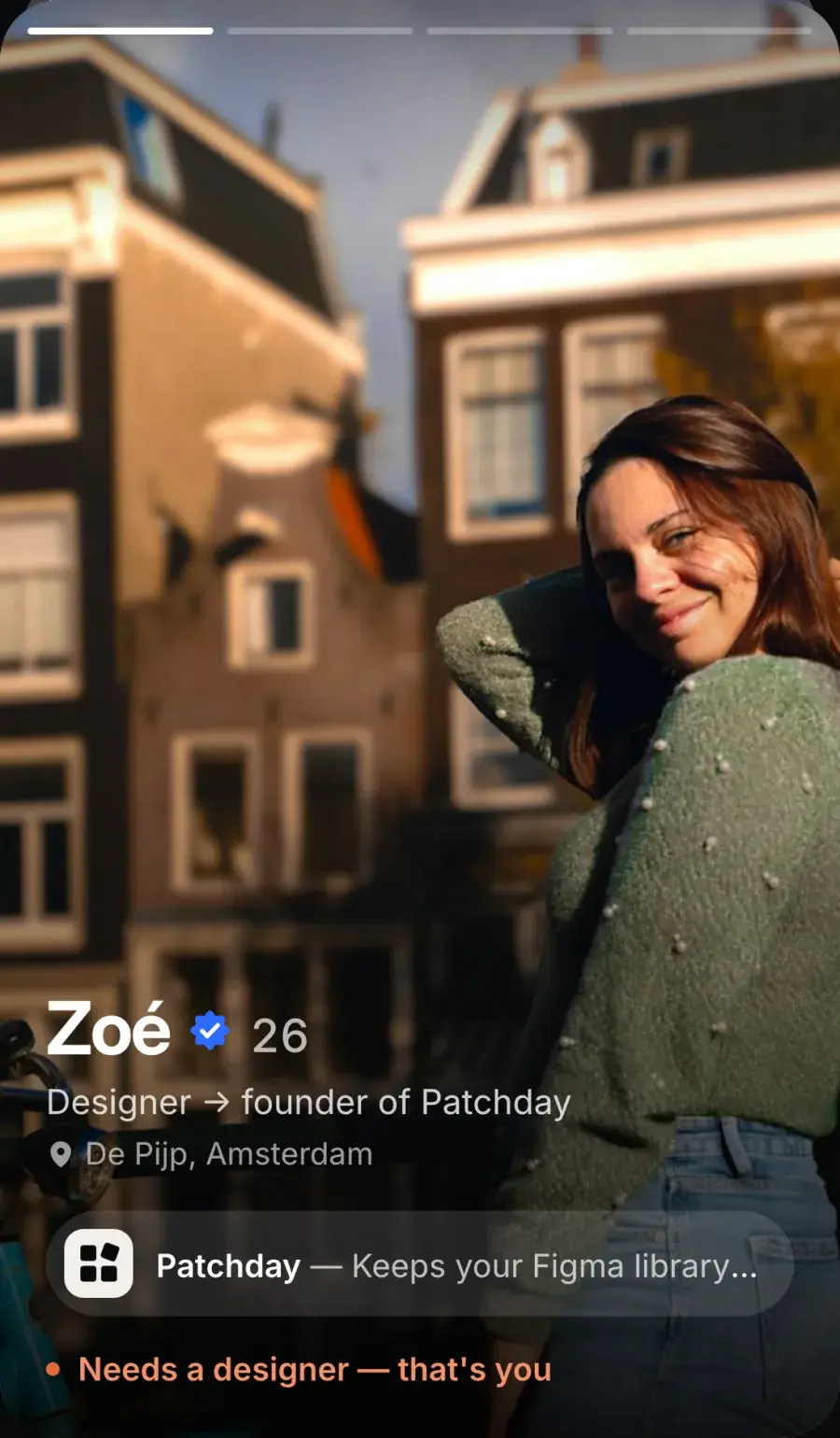 FOUND Discover-Karte: Zoé, Designerin und Gründerin von Patchday (Demo-Profil)