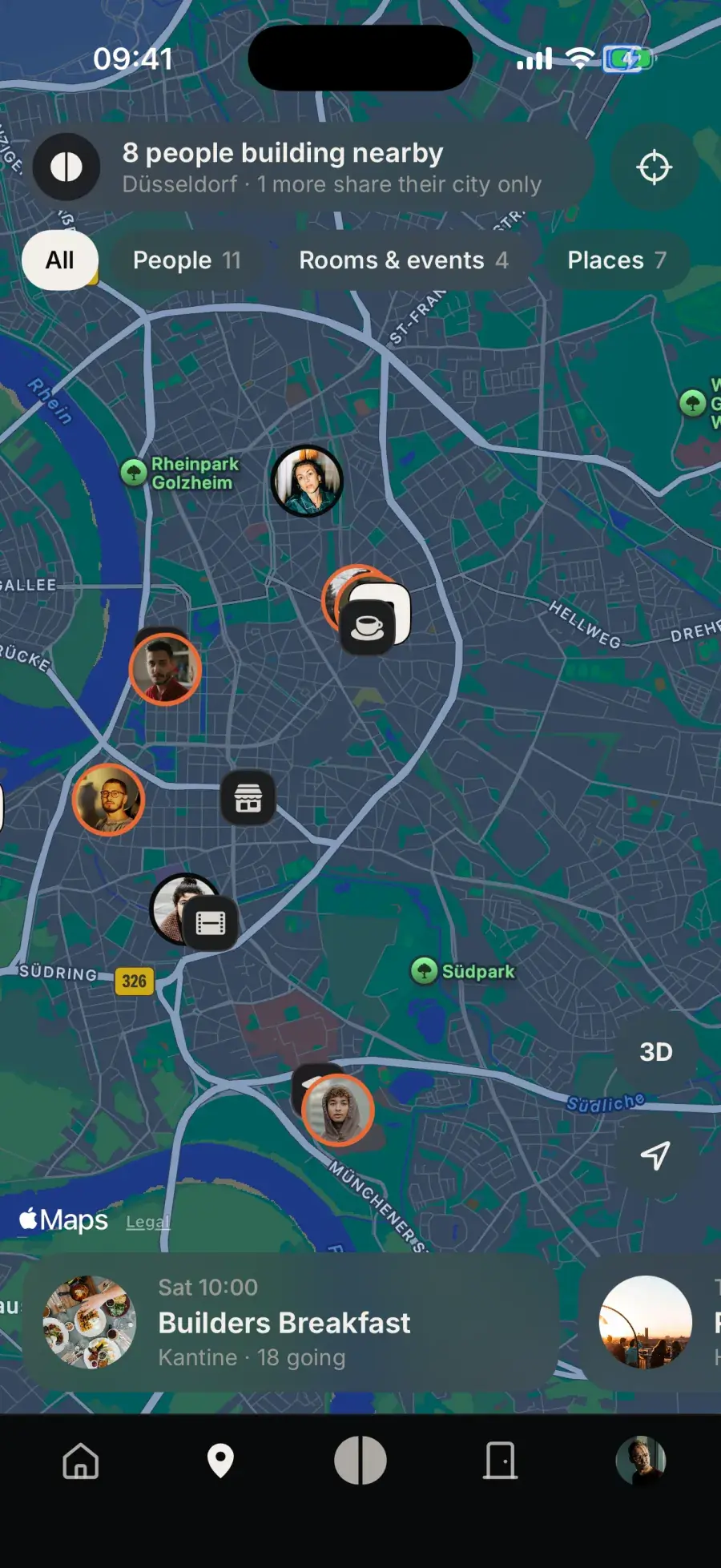 FOUND-Karte auf dem iPhone: 8 Leute bauen in der Nähe, Düsseldorf (Demodaten)
