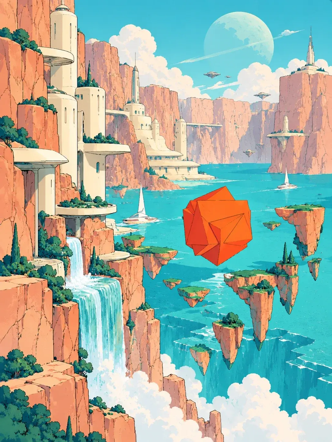 Eine gemalte Küste: weiße Türme auf orangen Klippen, ein Wasserfall, schwebende Inseln über türkisem Wasser und darüber ein großes oranges Ikosaeder.