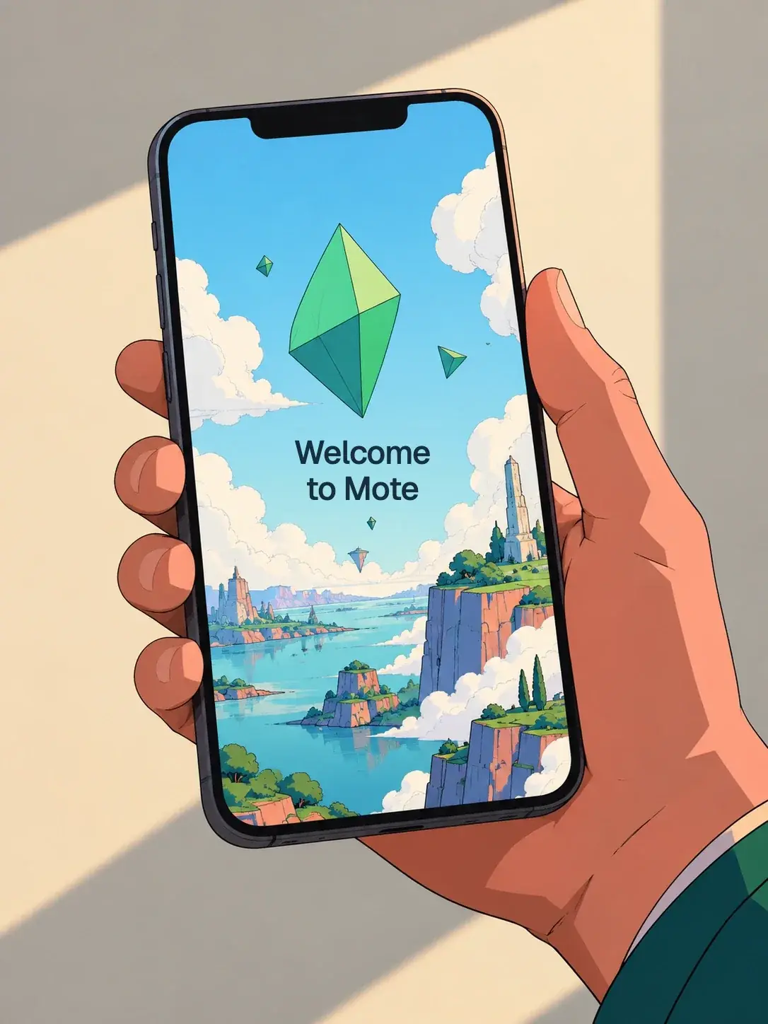 Eine gemalte Hand hält ein Telefon; auf dem Screen ein grüner Kristall über Klippen und Wasser und die Worte Welcome to Mote.