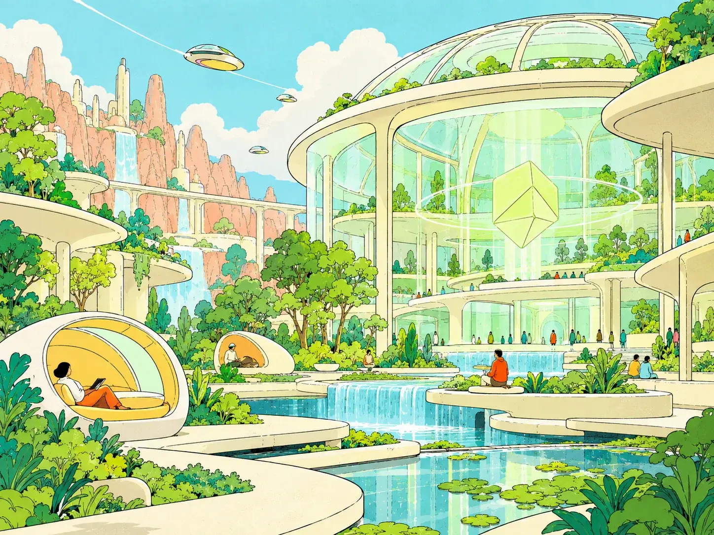 Ein gemalter Garten: Menschen in runden Kapseln und an einem Becken, eine Glaskuppel mit grünem Kristall, Wasserfälle und Grün.