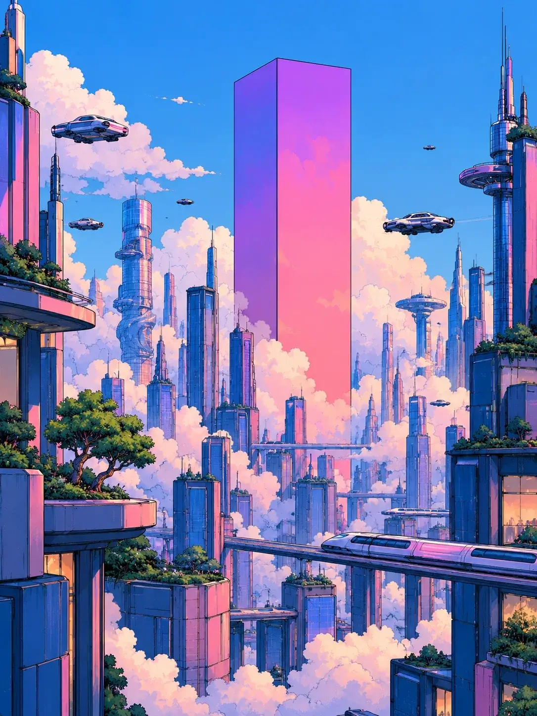 Eine gemalte Stadt über den Wolken: ein hoher rosa-violetter Monolith zwischen Glastürmen, fliegende Autos, eine Einschienenbahn und Dachgärten.