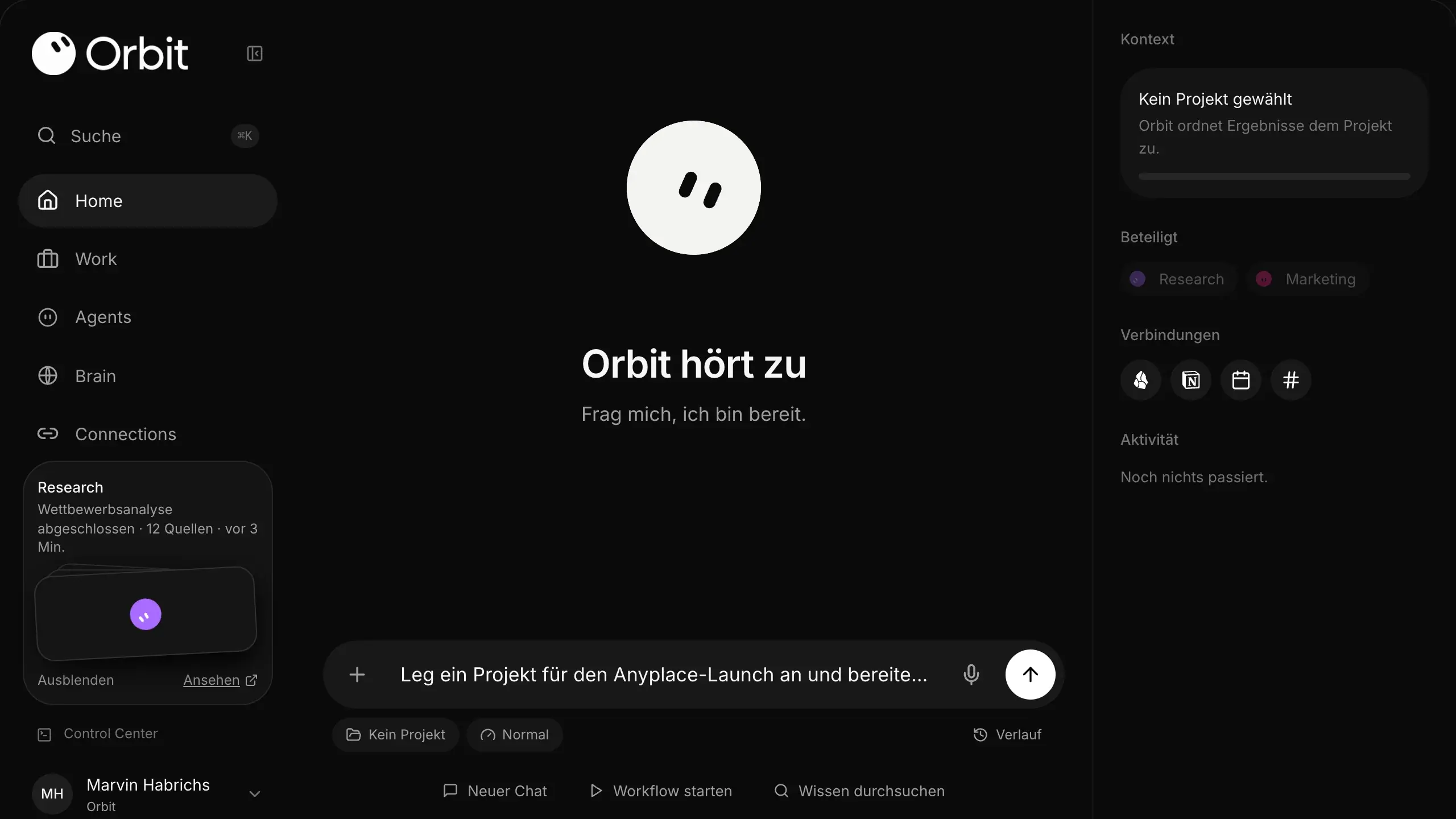 Orbit Home mit einer Aufgabe im Composer
