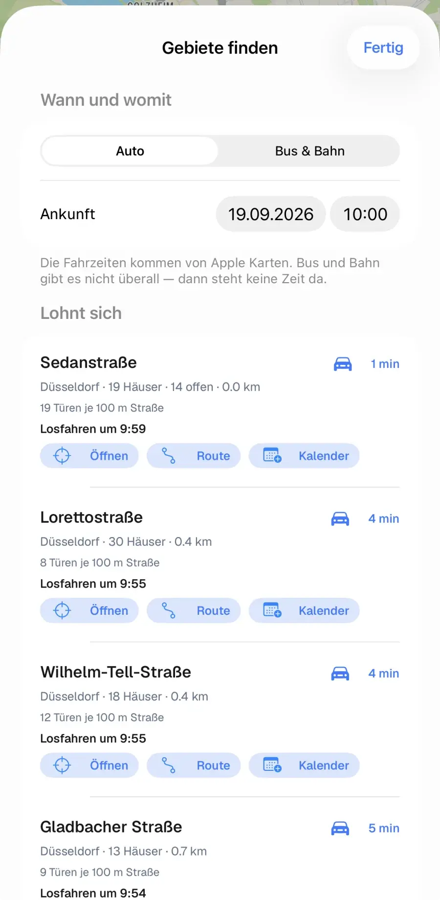 Place: Gebiete nach Fahrzeit finden