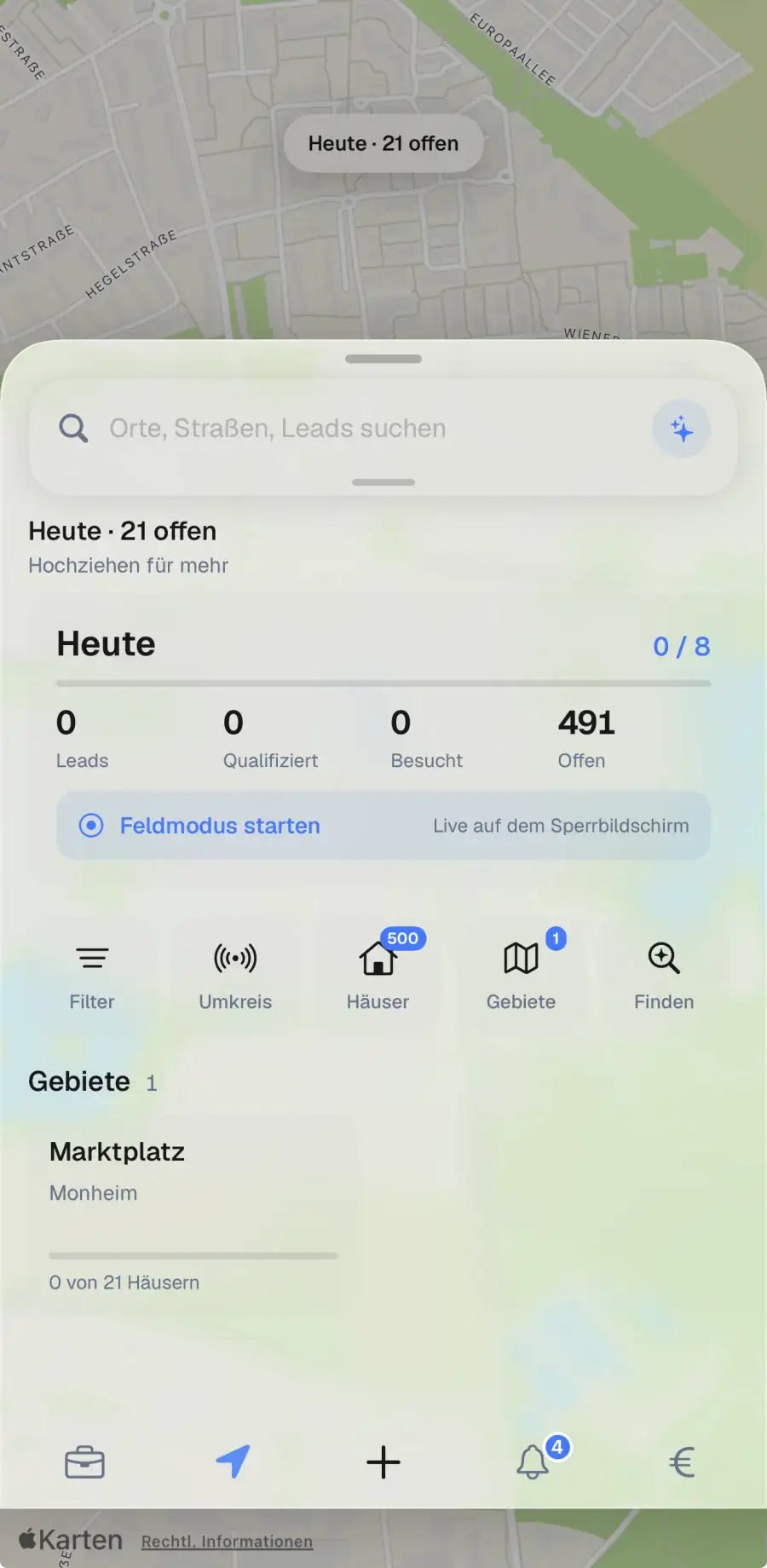 Place iOS-Karte mit dem Gebiets-Drawer