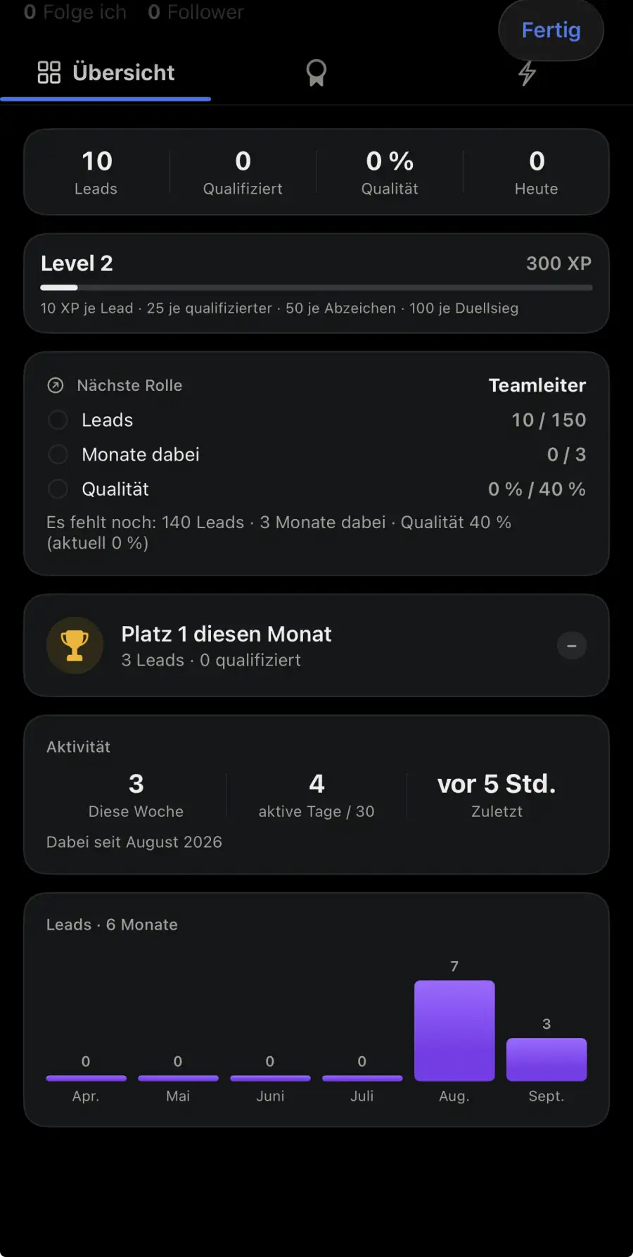 Place Profil: Level, nächste Rolle, sechs Monate Leads