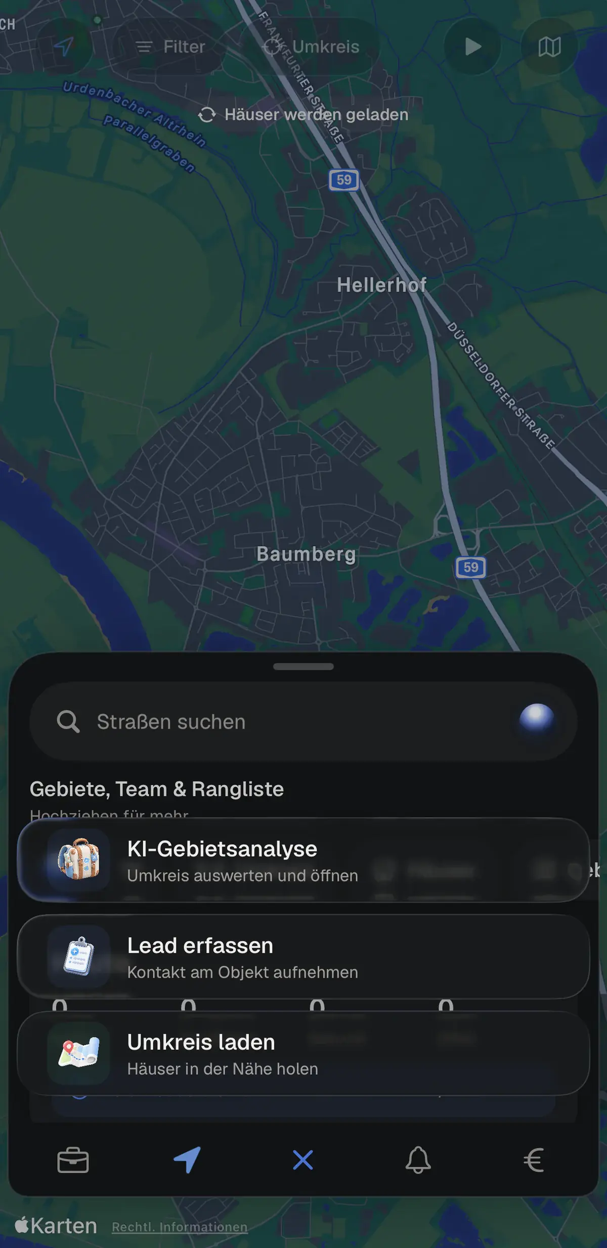 Place iOS: dunkle Karte mit Aktionen für Gebiete, Team und Rangliste