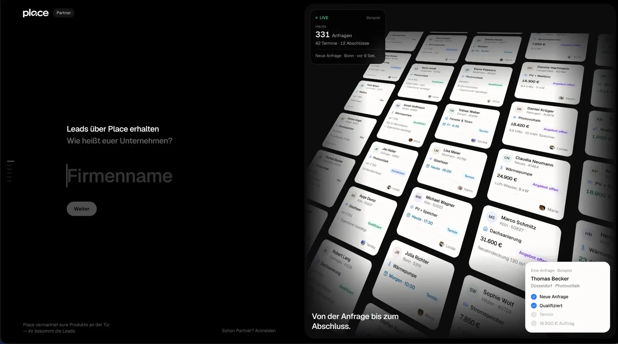 Place Partner-Onboarding: „Leads über Place erhalten“ neben einer Wand aus Beispiel-Lead-Karten und einem Live-Anfragezähler (Beispieldaten)